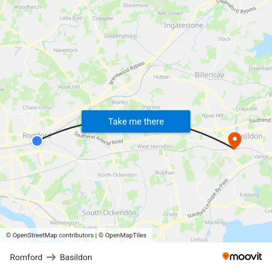 Romford to Basildon map
