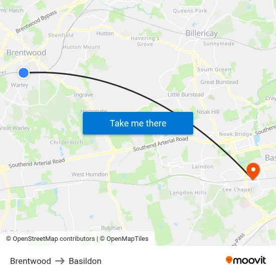 Brentwood to Basildon map