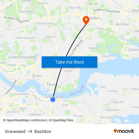 Gravesend to Basildon map