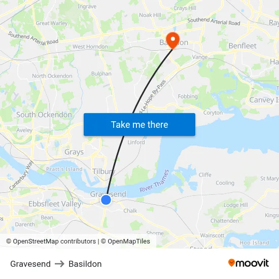 Gravesend to Basildon map