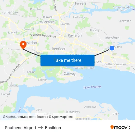 Southend Airport to Basildon map