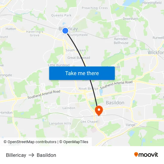 Billericay to Basildon map
