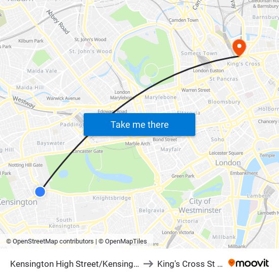 Kensington High Street/Kensington Church St. to King's Cross St Pancras map