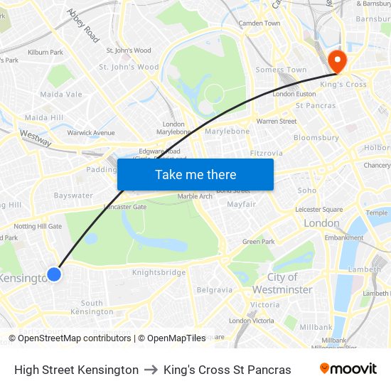 High Street Kensington to King's Cross St Pancras map