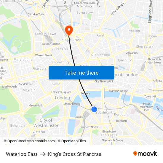Waterloo East to King's Cross St Pancras map
