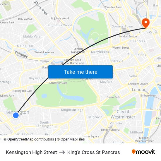 Kensington High Street to King's Cross St Pancras map