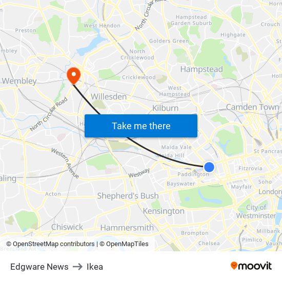 Edgware News to Ikea map