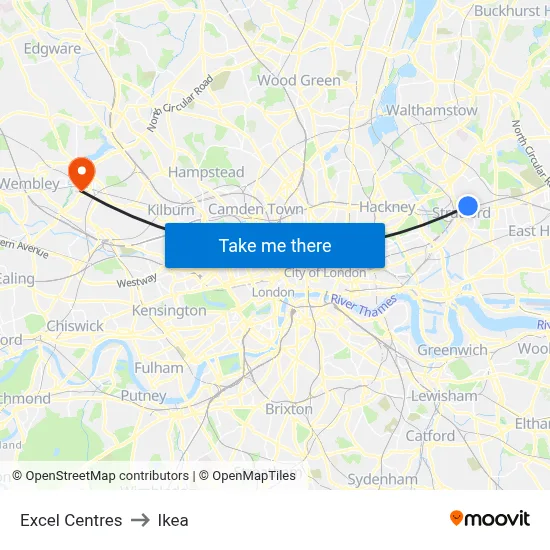 Excel Centres to Ikea map