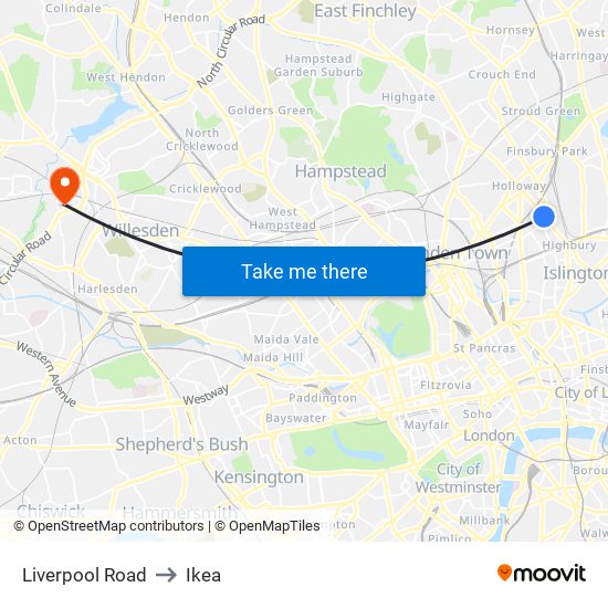 Liverpool Road to Ikea map