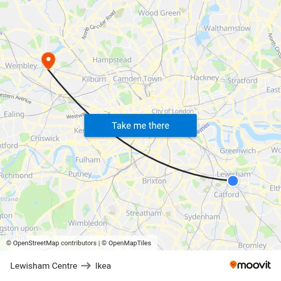 Lewisham Centre to Ikea map