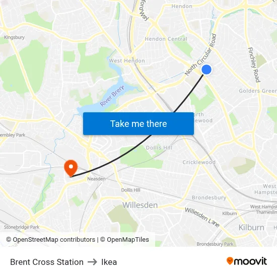 Brent Cross Station to Ikea map