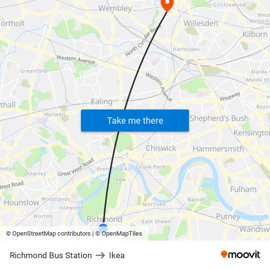 Richmond Bus Station to Ikea map