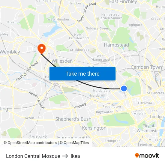 London Central Mosque to Ikea map