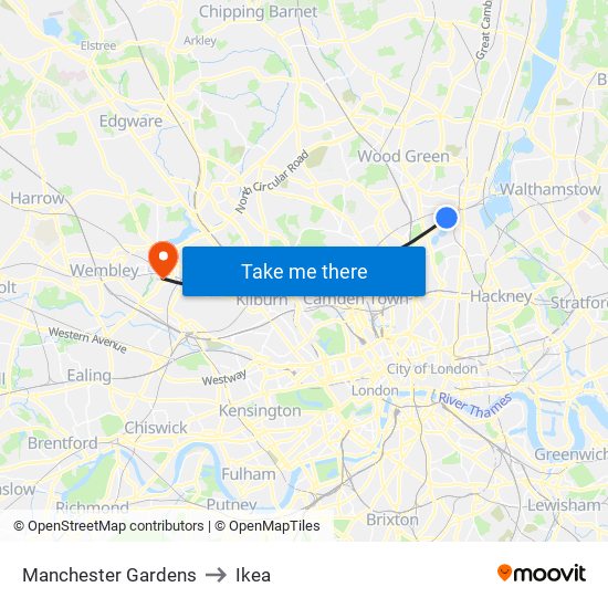 Manchester Gardens to Ikea map