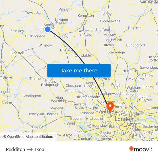 Redditch to Ikea map