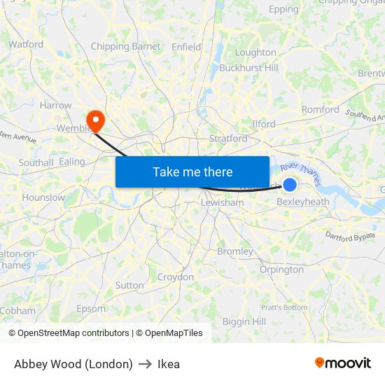 Abbey Wood (London) to Ikea map