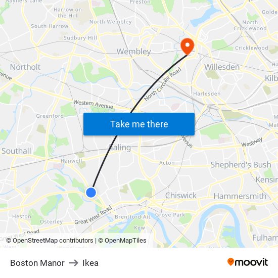 Boston Manor to Ikea map