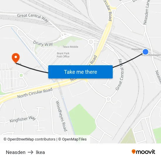 Neasden to Ikea map
