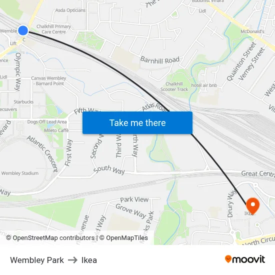Wembley Park to Ikea map