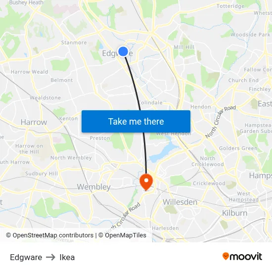 Edgware to Ikea map