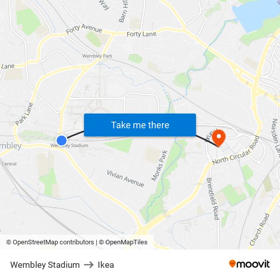 Wembley Stadium to Ikea map