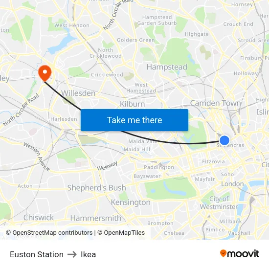 Euston Station to Ikea map