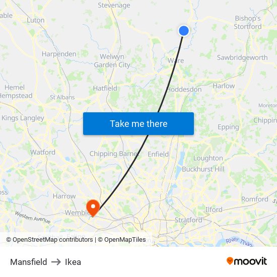 Mansfield to Ikea map