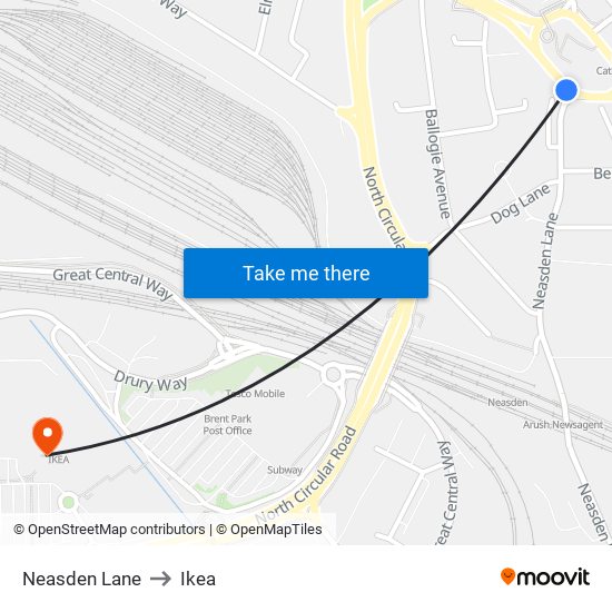 Neasden Lane to Ikea map