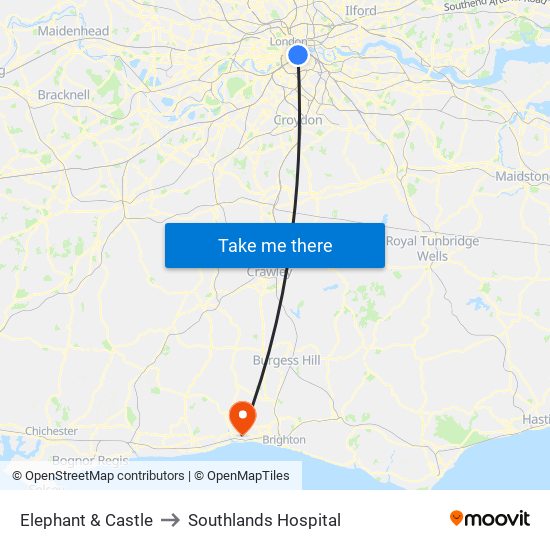 Elephant & Castle to Southlands Hospital map