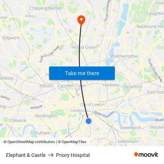 Elephant & Castle to Priory Hospital map