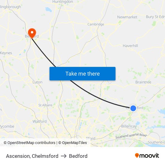 Ascension, Chelmsford to Bedford map