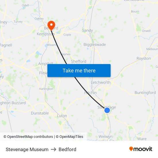 Stevenage Museum to Bedford map