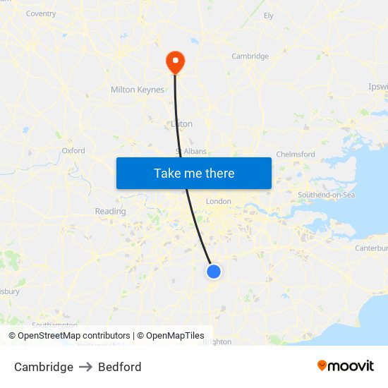 Cambridge to Bedford map