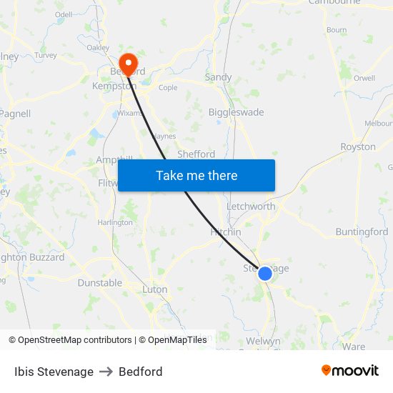 Ibis Stevenage to Bedford map