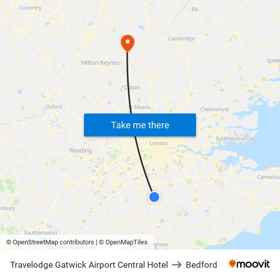 Travelodge Gatwick Airport Central Hotel to Bedford map