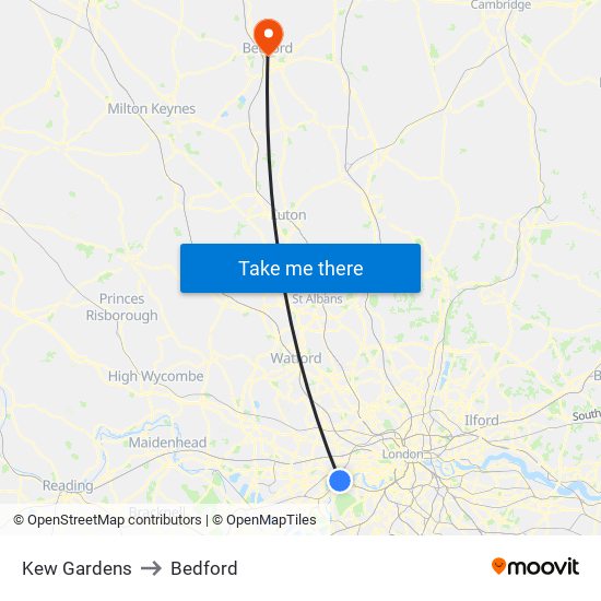 Kew Gardens to Bedford map