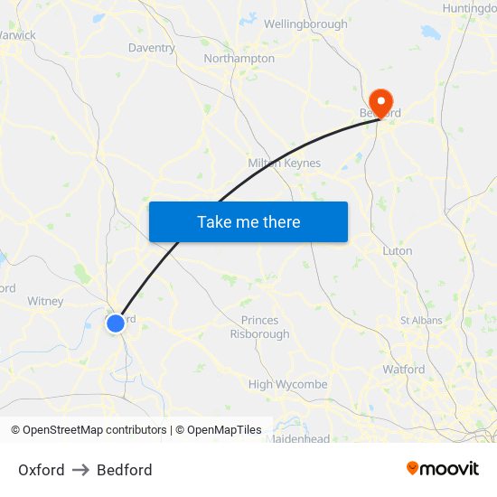 Oxford to Bedford map