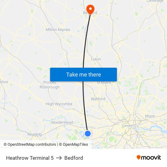 Heathrow Terminal 5 to Bedford map