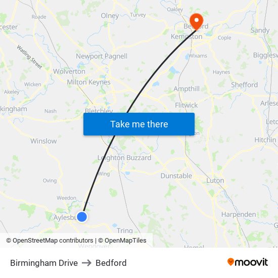Birmingham Drive to Bedford map