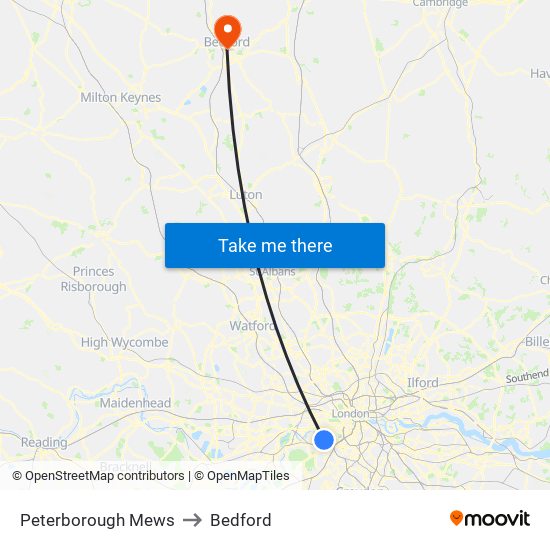 Peterborough Mews to Bedford map