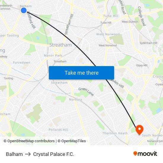 Balham to Crystal Palace F.C. map