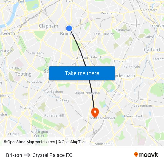 Brixton to Crystal Palace F.C. map