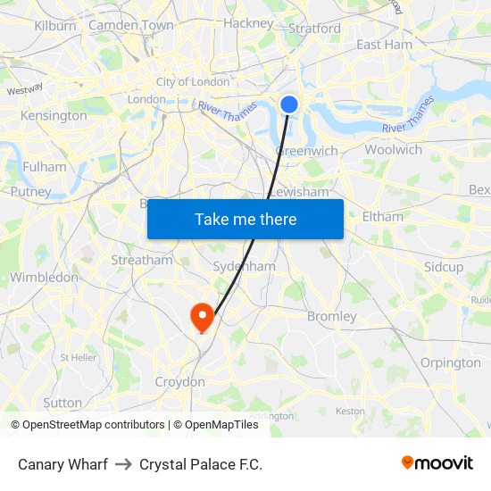 Canary Wharf to Crystal Palace F.C. map