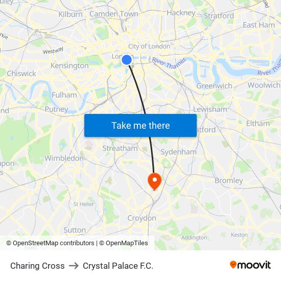 Charing Cross to Crystal Palace F.C. map