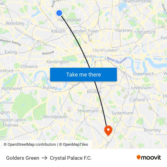 Golders Green to Crystal Palace F.C. map