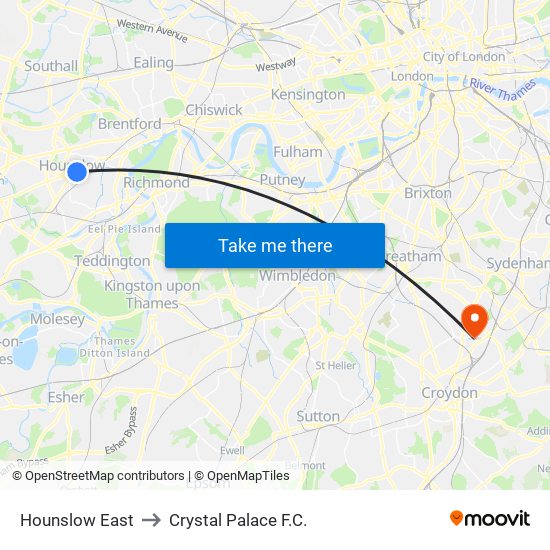 Hounslow East to Crystal Palace F.C. map