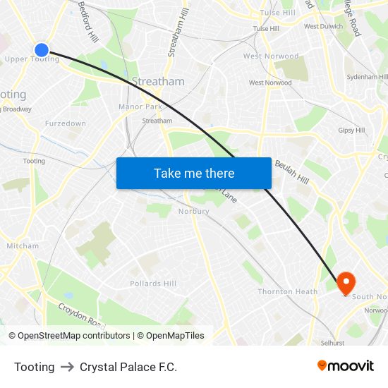 Tooting to Crystal Palace F.C. map