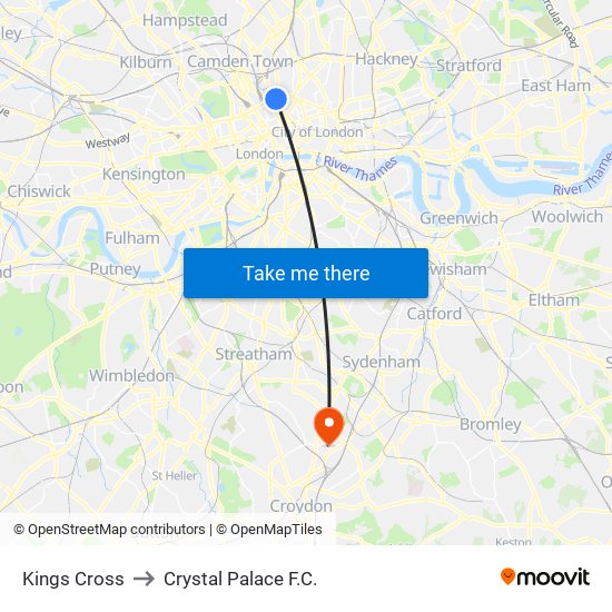 Kings Cross to Crystal Palace F.C. map