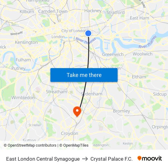 East London Central Synagogue to Crystal Palace F.C. map