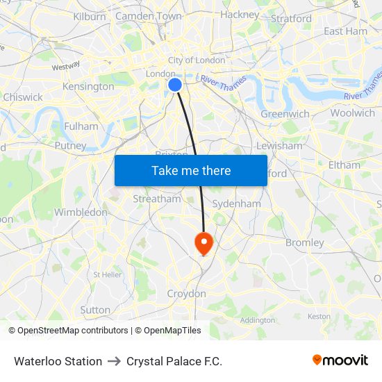 Waterloo Station to Crystal Palace F.C. map